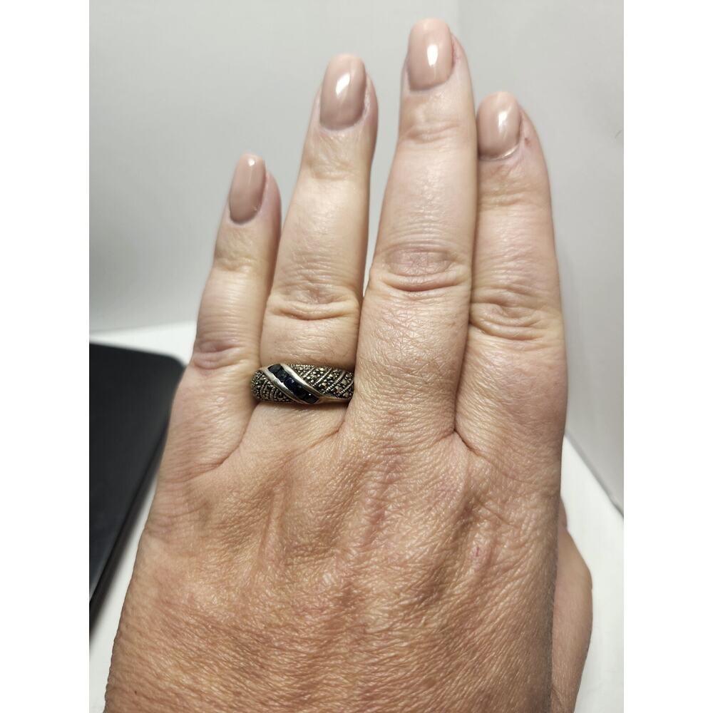 Ring Silver Black Marcasite Stones And Sapphire Band Sterling 925 Size 9